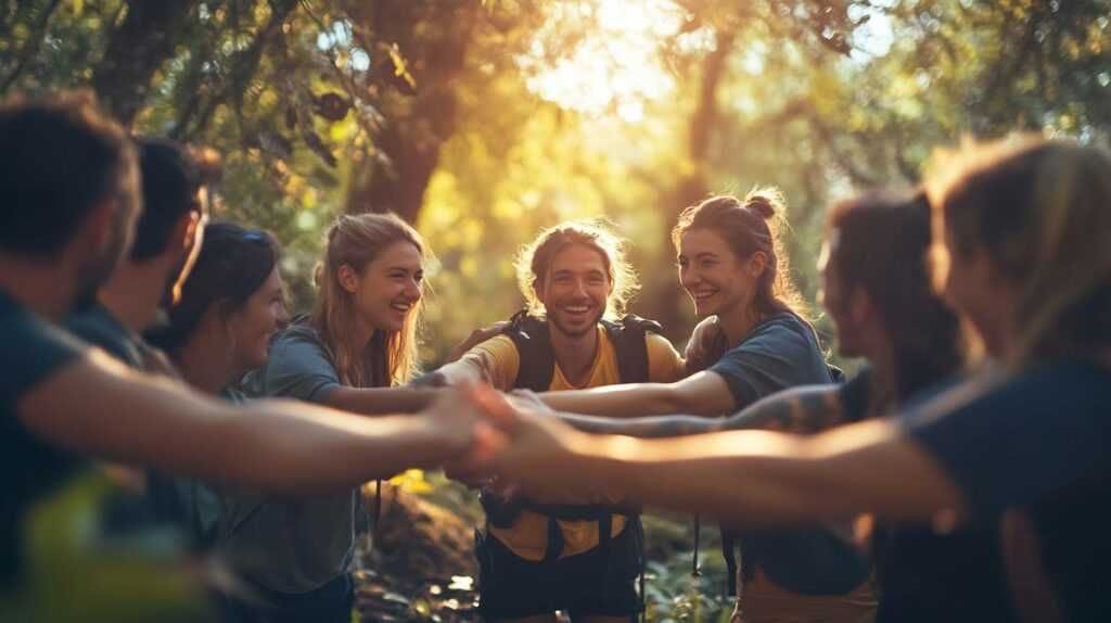 Eine Gruppe von sechs jungen Menschen steht im Kreis und streckt ihre Arme zur Mitte, wobei sie ihre Hände übereinander legen. Die Szene spielt sich in einem Park oder Wald bei warmem Sonnenlicht ab, das durch die Bäume scheint.