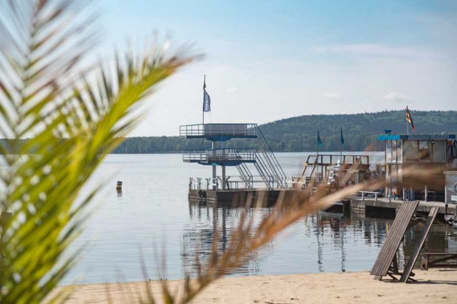 Blick auf das Strandbad Friedrichshagen mit Holzstegen und Sprungturm am Müggelsee, im Vordergrund Palmenwedel und Sandstrand, im Hintergrund bewaldete Ufer unter blauem Himmel.